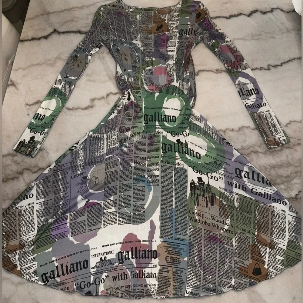 Galliano Vintage Pastel Newspaper Print Long Sleeve Dress - Picture 14 of 16